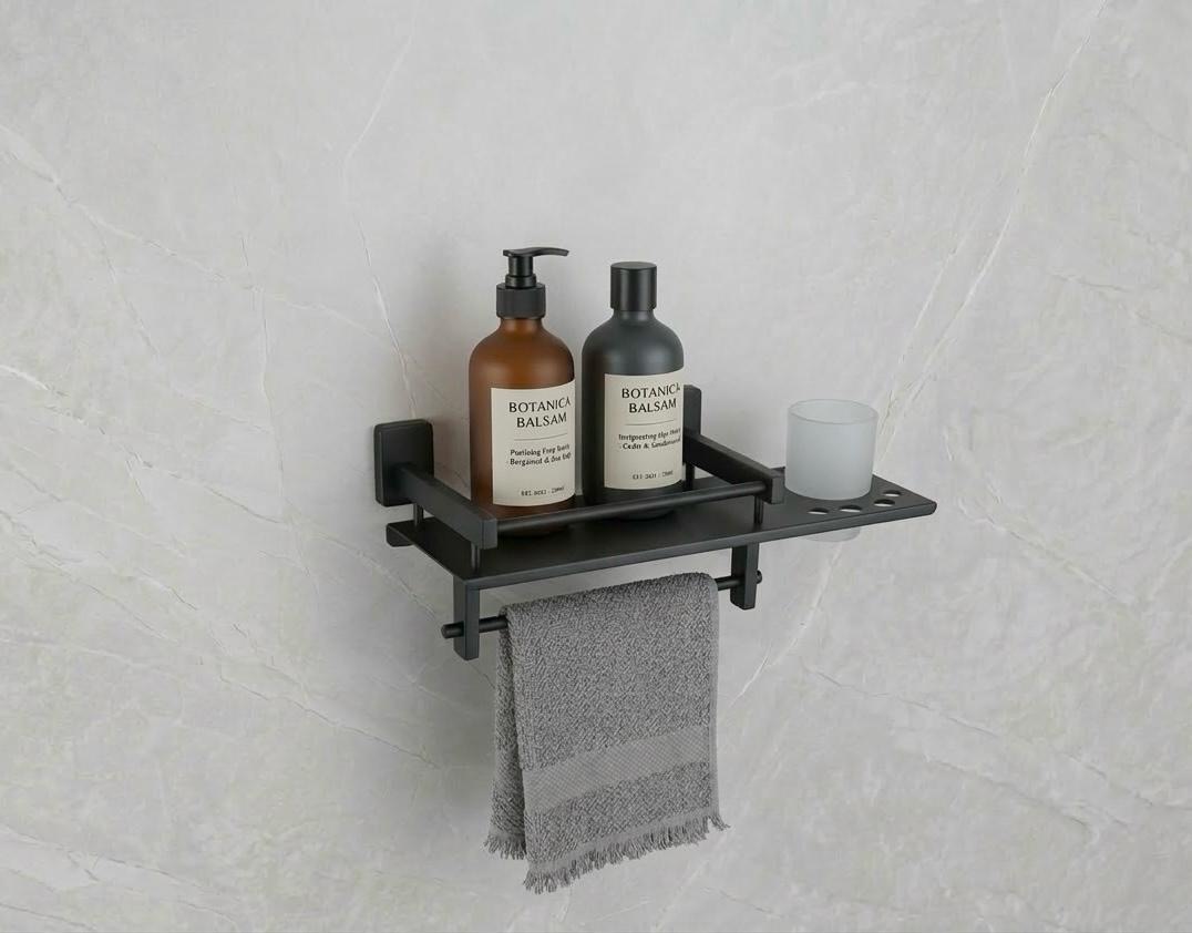 Bathroom Shelf with Toothbrush Holder & Towel Bar  view 2