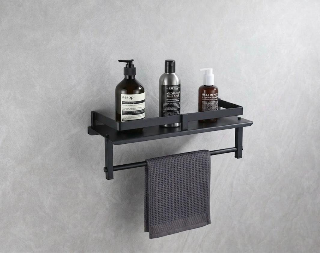 Matte Black Bathroom Shelf with Towel Bar view 3
