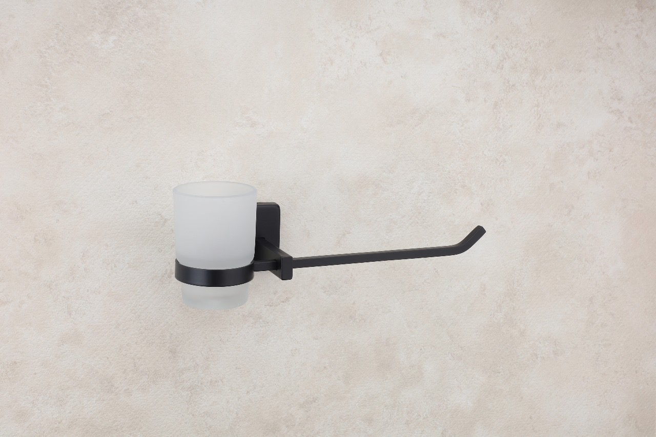 Premium Wall-Mounted Towel Bar with Tumbler Holder – Matte Black Finish — Hardware — SIDDHI