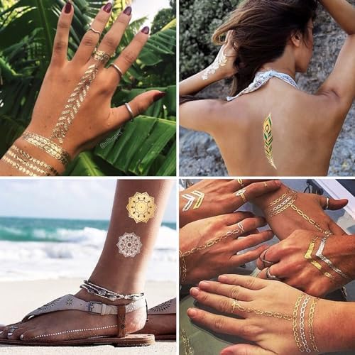 Vue 6 de Feuilles Tatouage Temporaire Dore