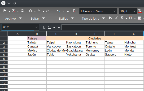 Ejemplo de datos para la lista desplegable