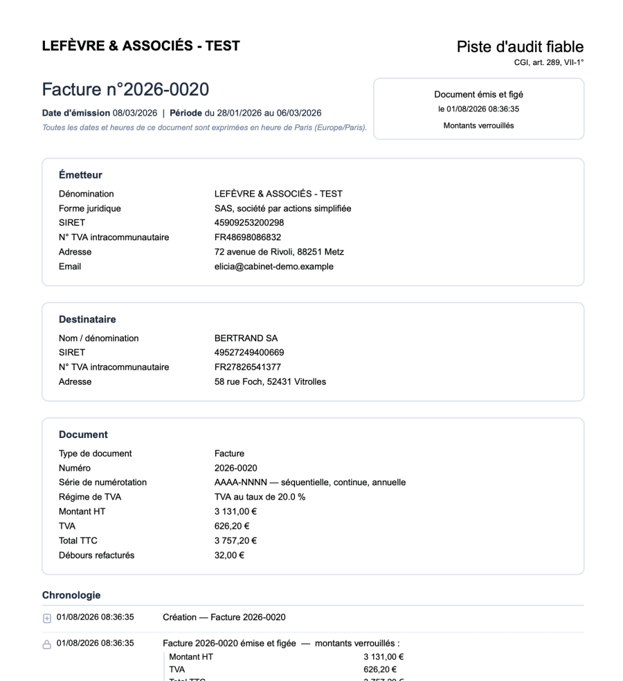 Document de piste d'audit fiable généré par l'application, prêt à être remis à l'administration