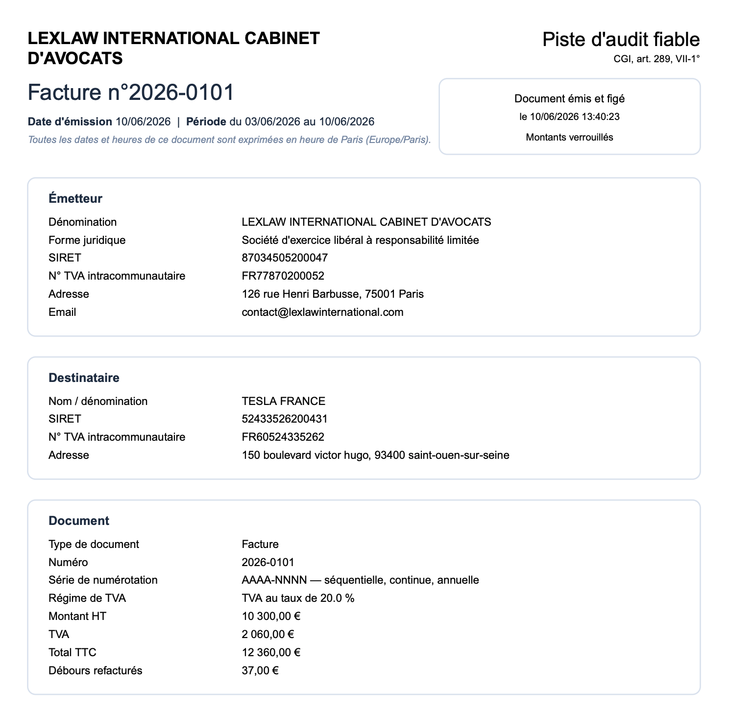 Exemple de document de piste d'audit fiable généré par l'application