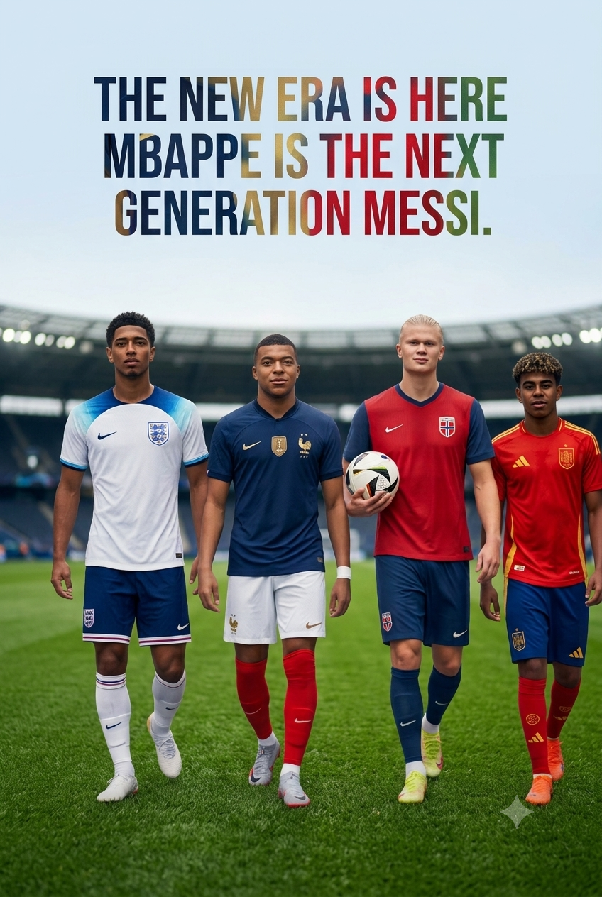 Jude Bellingham, Kylian Mbappe, Erling Haaland, and Lamine Yamal standing on a football pitch