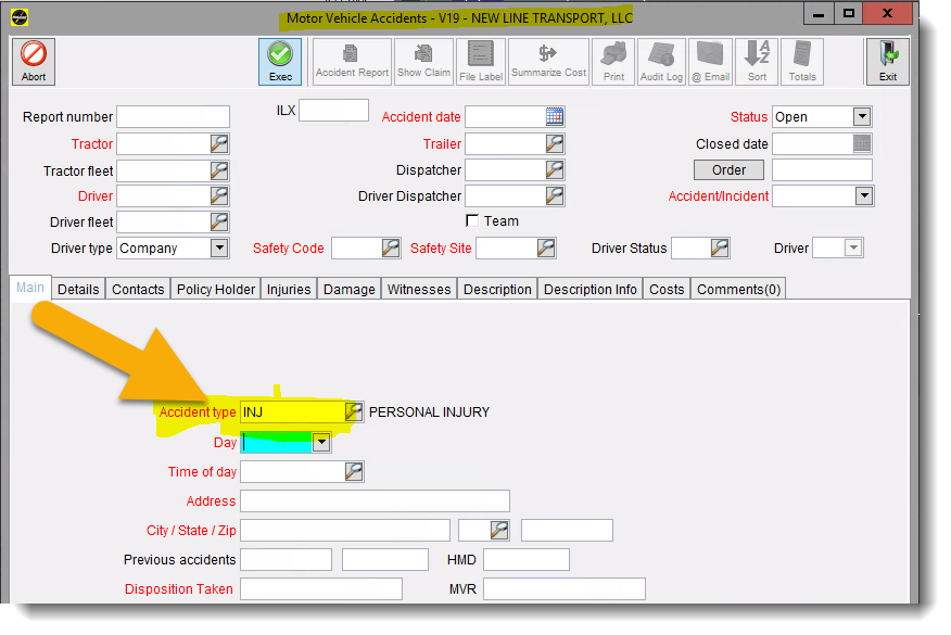 Motor Vehicle Accidents Screen