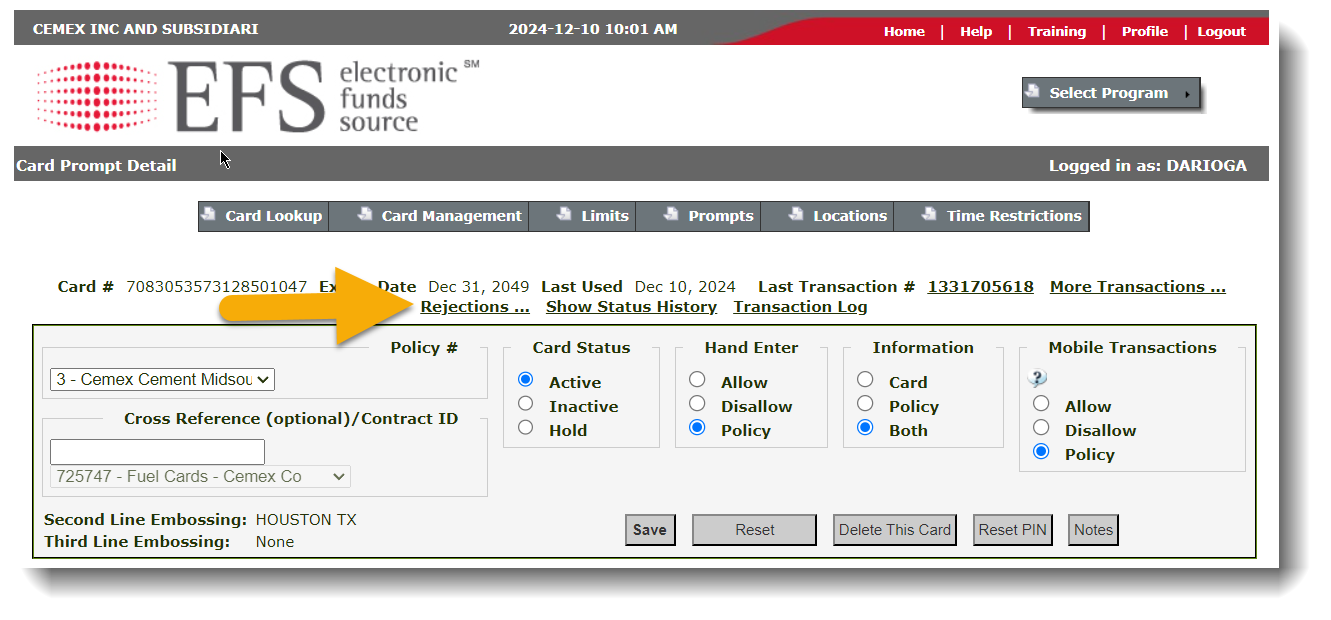 Rejections Tab Screenshot 1
