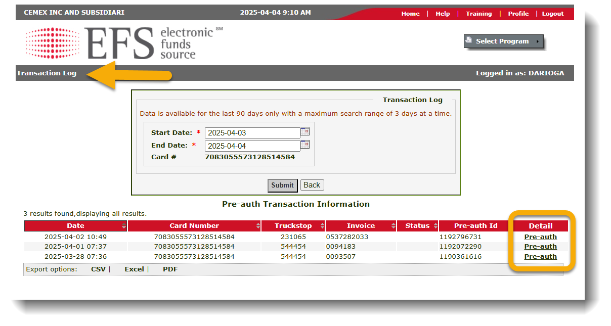 Transaction Log Screenshot