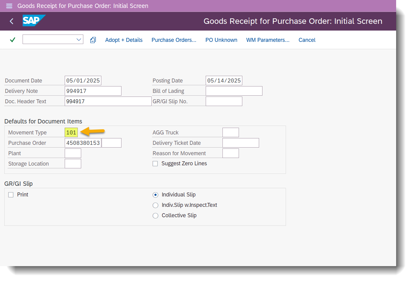Fill in PO Information screen