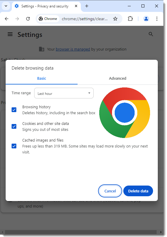 Chrome Clear Browsing Data Example