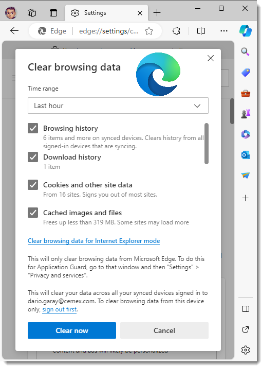 Edge Clear Browsing Data Example
