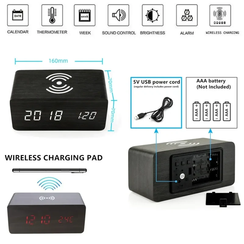 Alarm Clock LED Digital Wooden USB/AAA - image 3