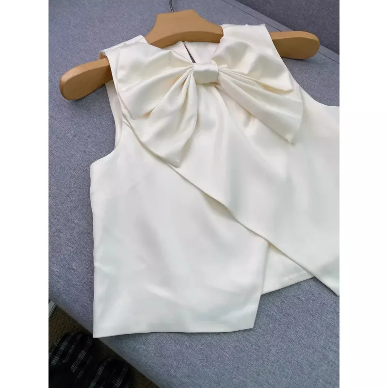 Front Big Bow Women Sleeveless Stain Blouse - image 1