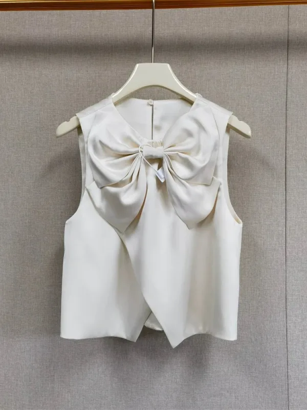 Front Big Bow Women Sleeveless Stain Blouse - image 2
