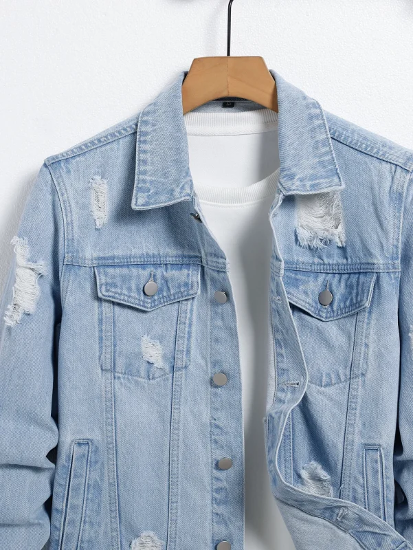 Men's light blue ripped denim jacket - image 2