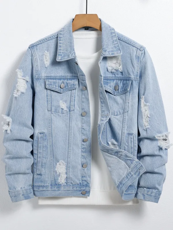 Men's light blue ripped denim jacket - image 1