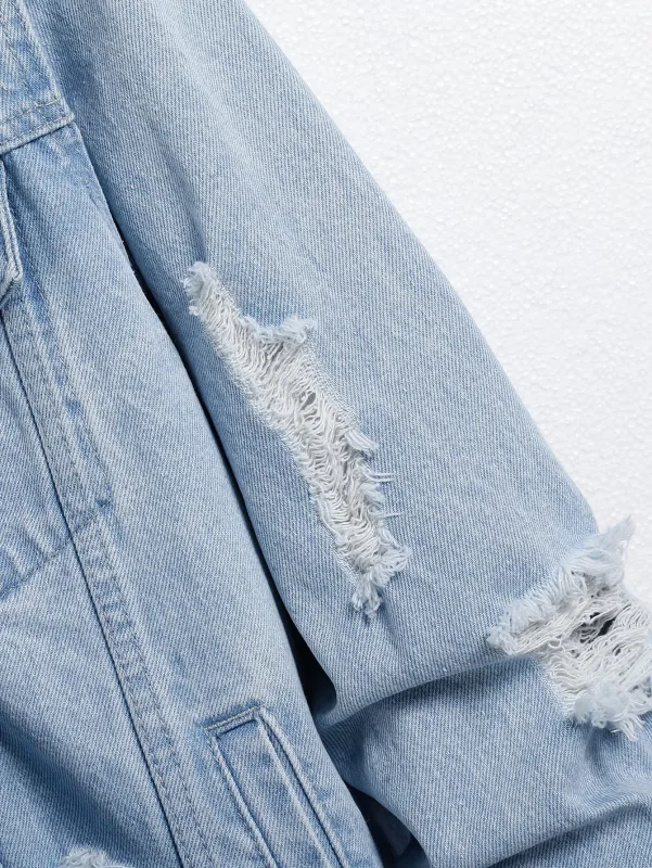 Men's light blue ripped denim jacket - image 3