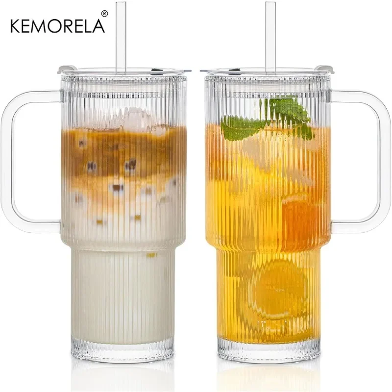 Ribbed Glass Tumbler with Handle Lid - image 1