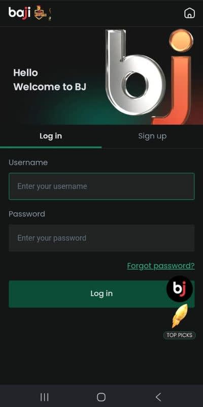 Baji login screen