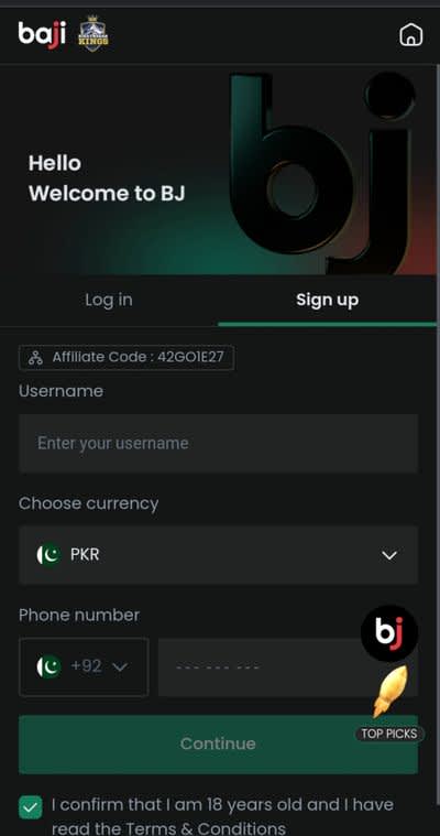 Baji login screen