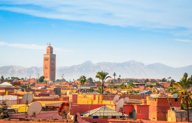 Picture shows a bright and vibrant day in Marrakesh, Morocco. 