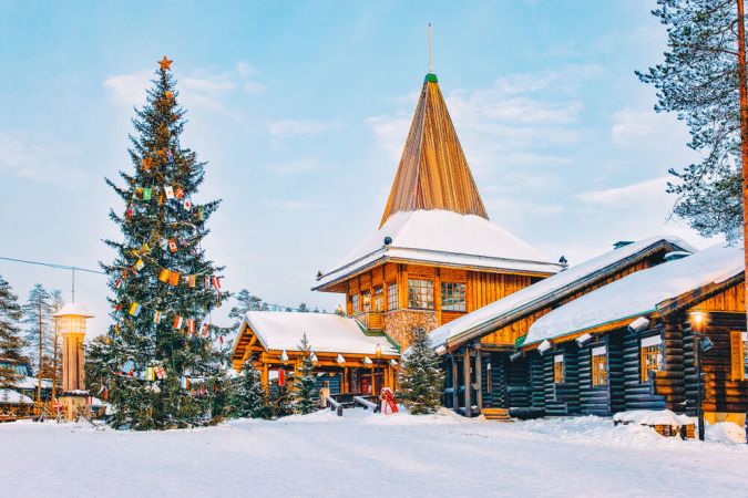 Picture shows a crisp snowy Christmas village in Lapland.