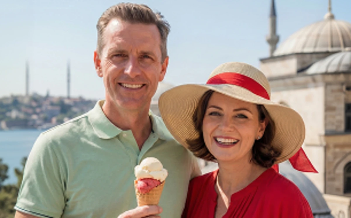 Couple eating ice cream on a sunny holiday abroad