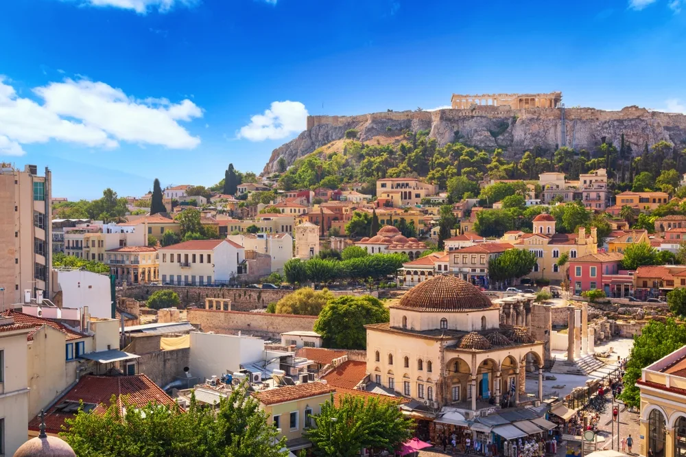 Panoramic view of Athens with Acropolis and Parthenon above Plaka district