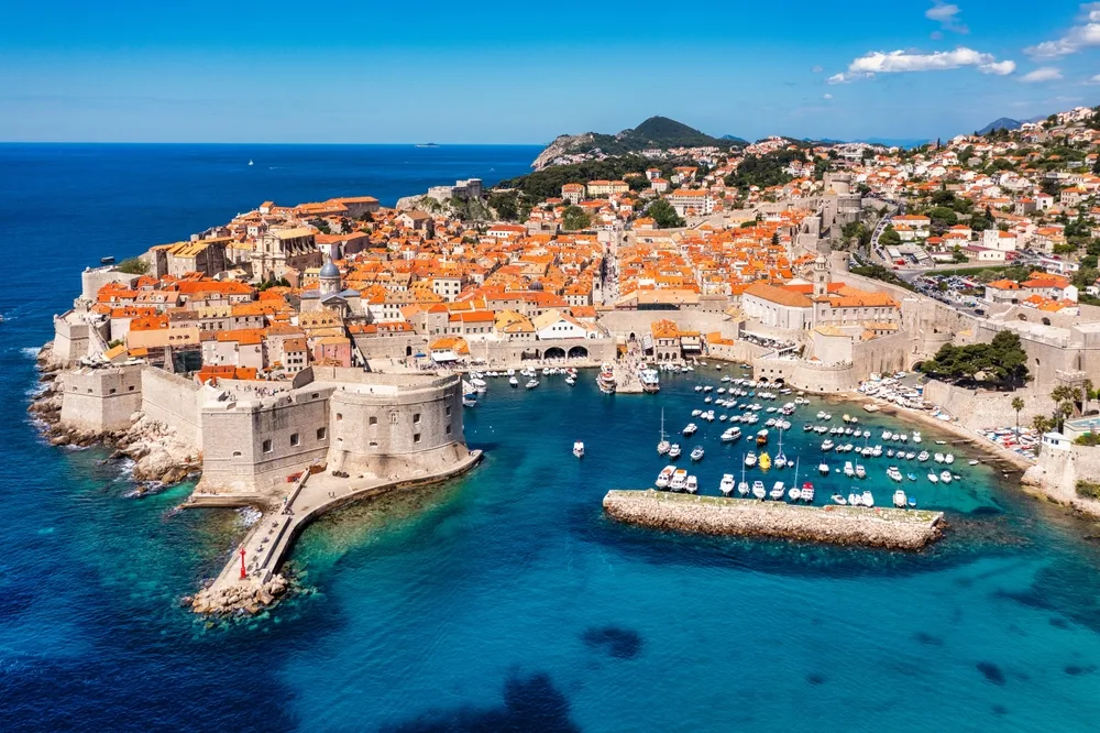 Aerial view of Dubrovnik Old Town and city walls on the Adriatic coast, Croatia