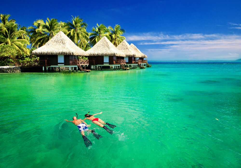 Picture shows a couple snorkeling in the rich waters of the Maldives. Idyllic huts and palm trees line the waters edge.