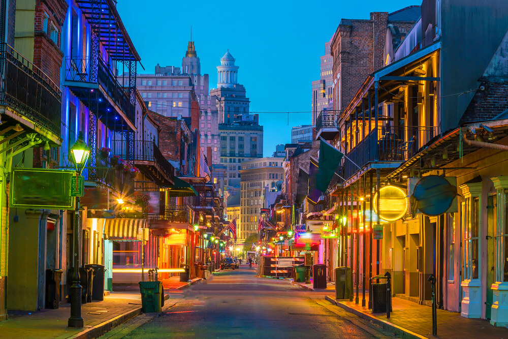 The picture shows the famous neon lit streets of New Orleans, USA.