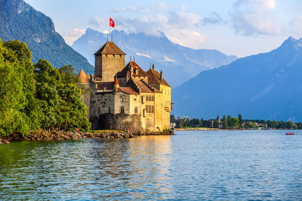 Sunset of Chillon Castle at Geneva lake, Switzerland