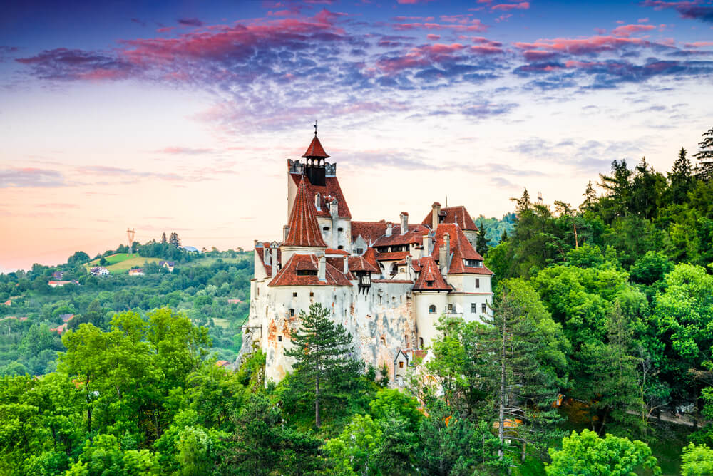 Bran Castle, Romania. Twilight image of Dracula fortress in Transylvania, medieval landmark.