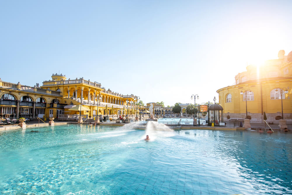 Szechenyi outdoor thermal baths during the morning light in Budapest, Hungary