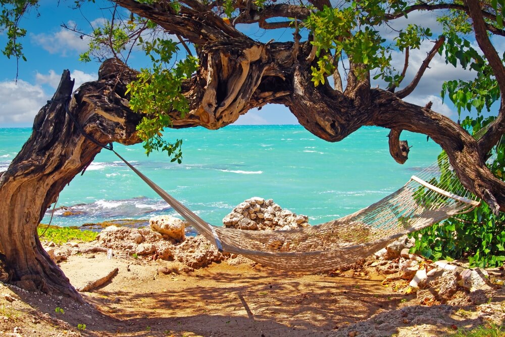 Beautiful coast landscape, empty isolated relax hammock, turquoise Caribbean sea , blue sunny sky - Treasure beach, Jamaica