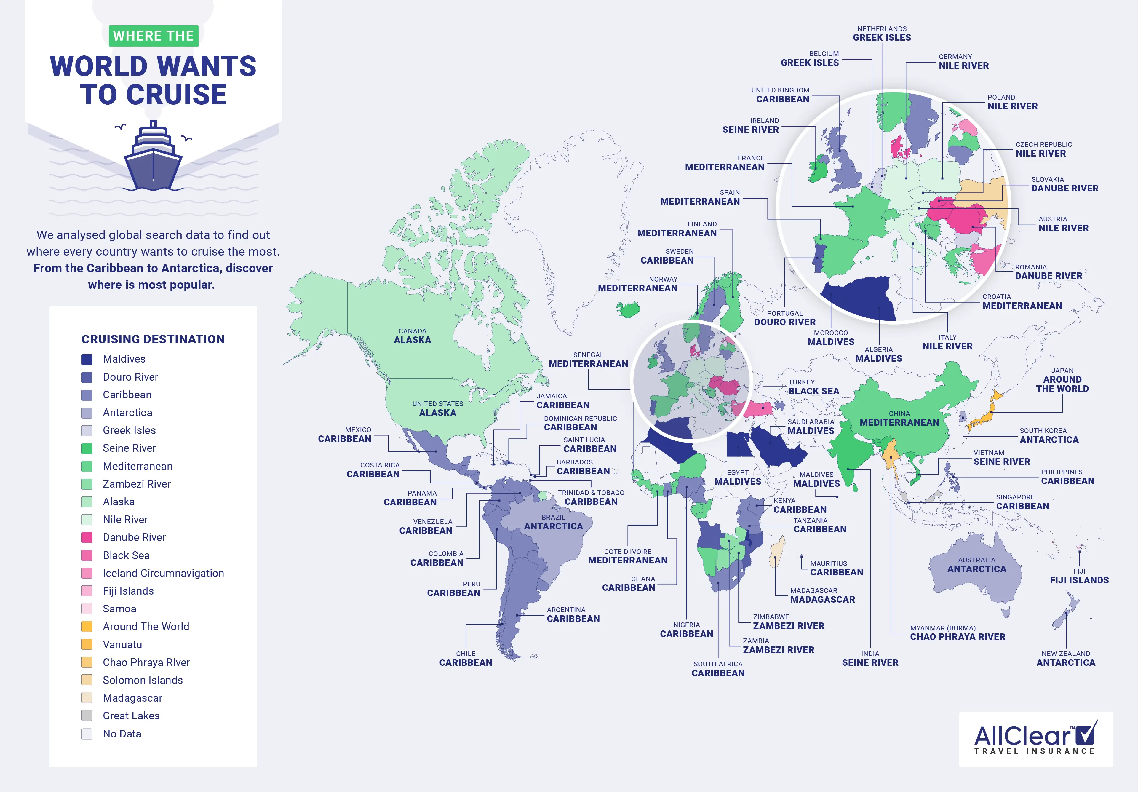 Map of the most-searched for cruise destinations across the globe.