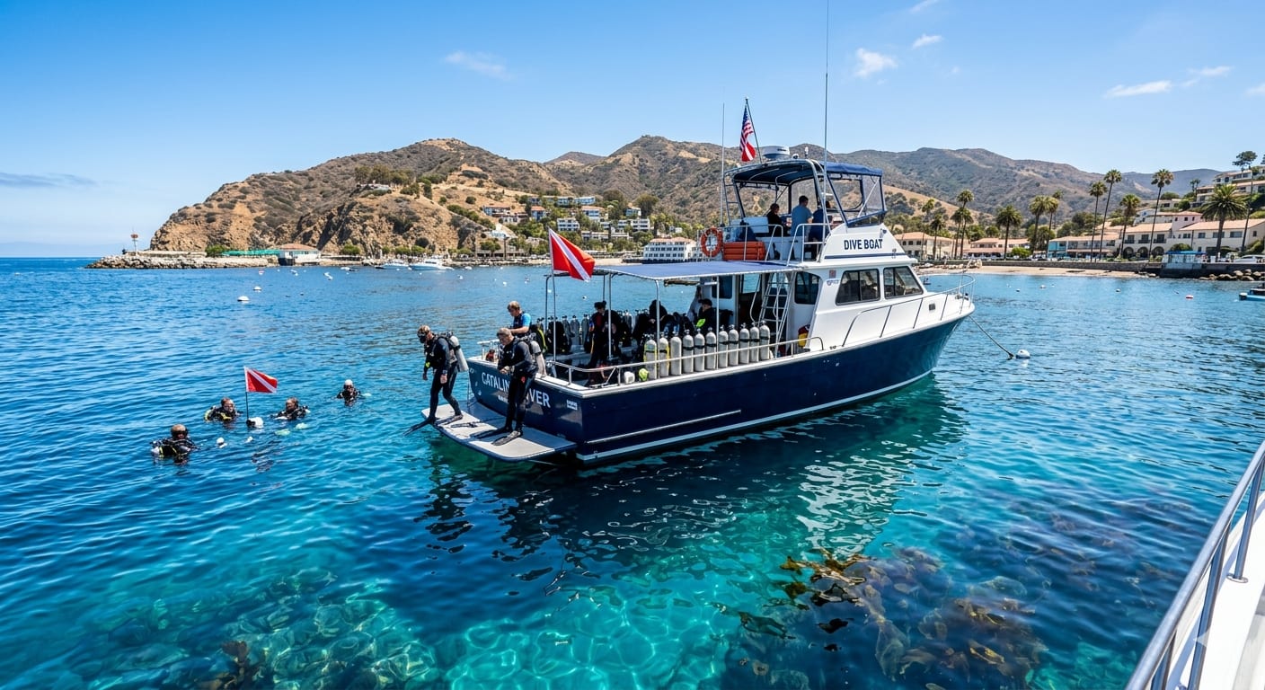 Scuba divers on a boat approaching Catalina Island with blue Pacific water and coastline cliffs