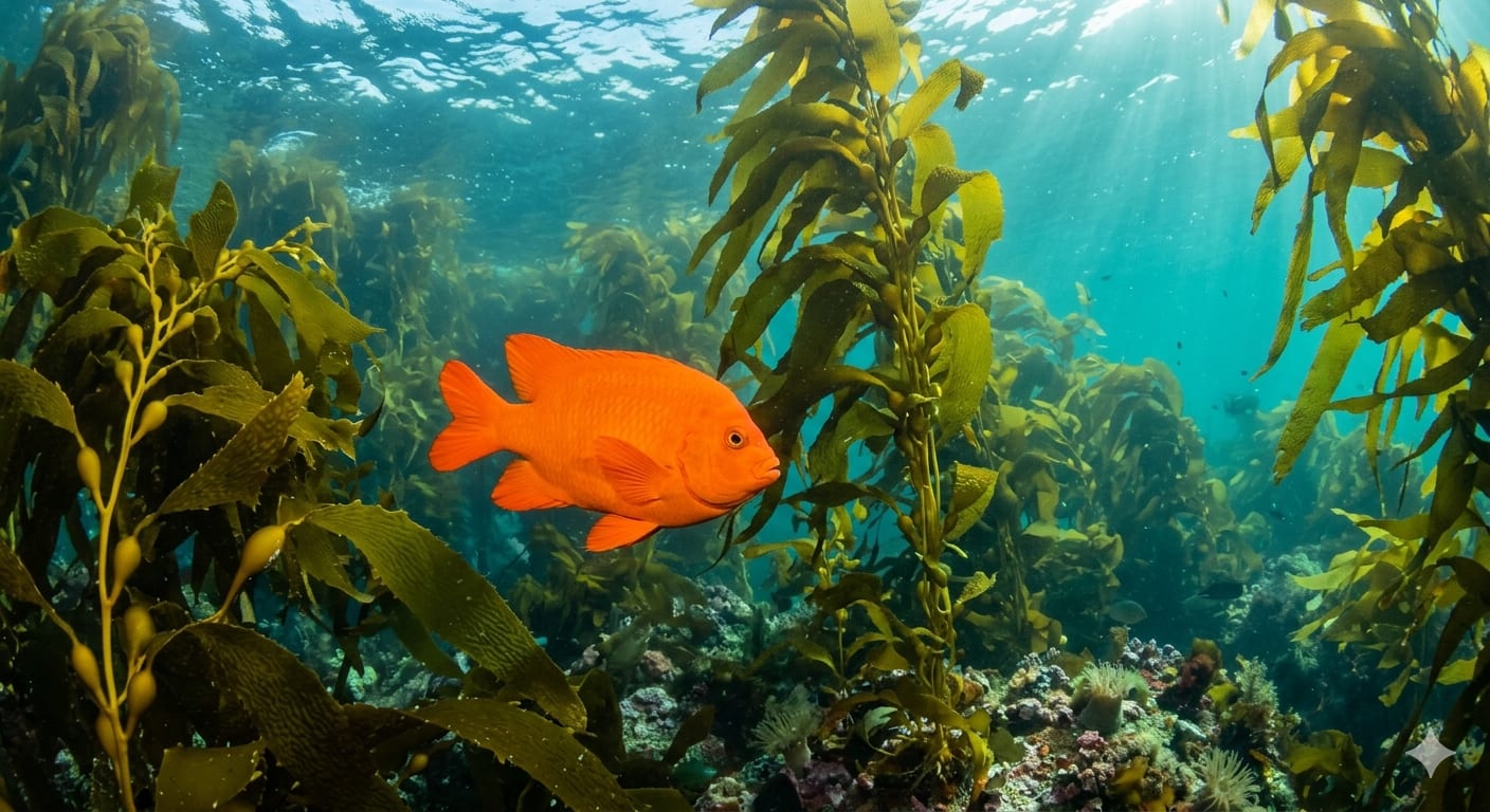 Bright orange garibaldi fish swimming in a California kelp forest with a scuba diver in the background