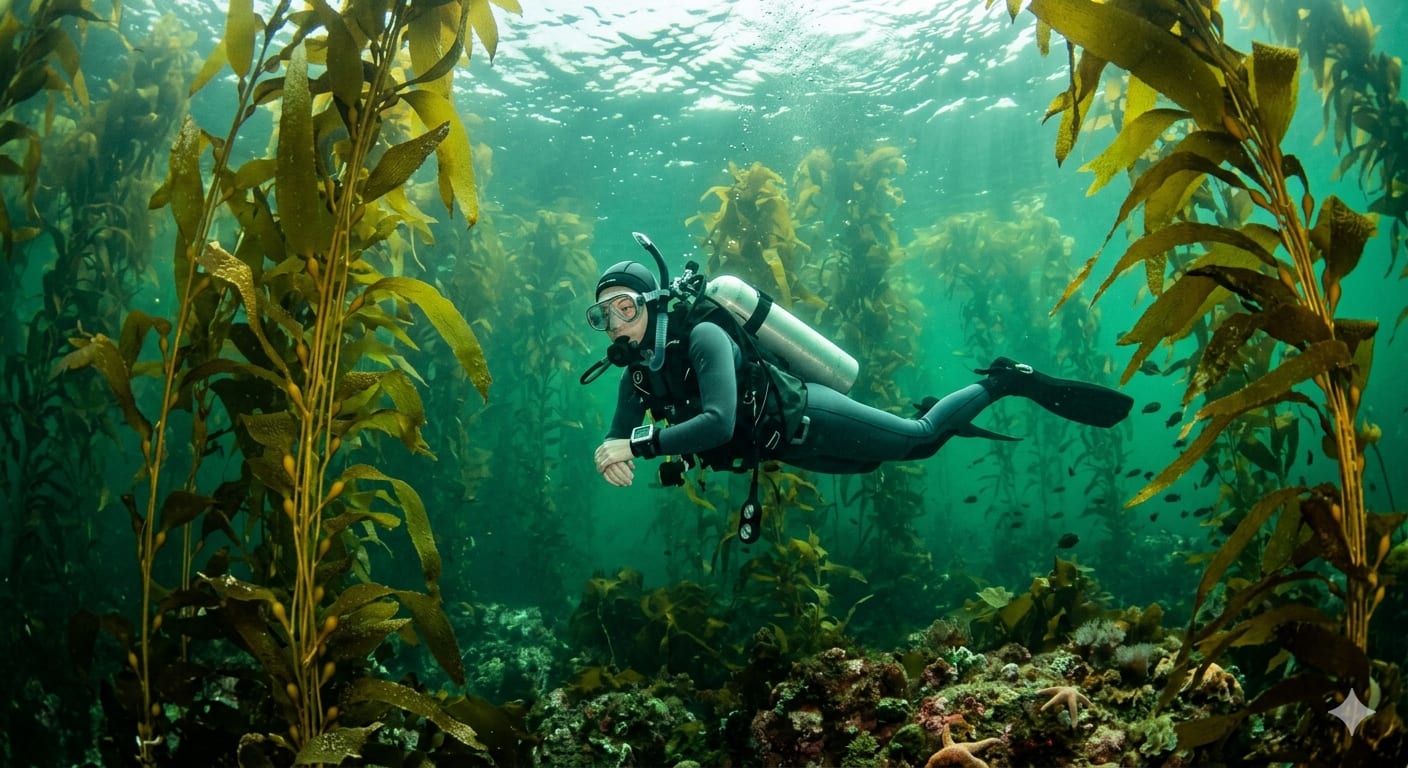 Scuba diver hovering neutrally buoyant in a California kelp forest with arms relaxed and fins below