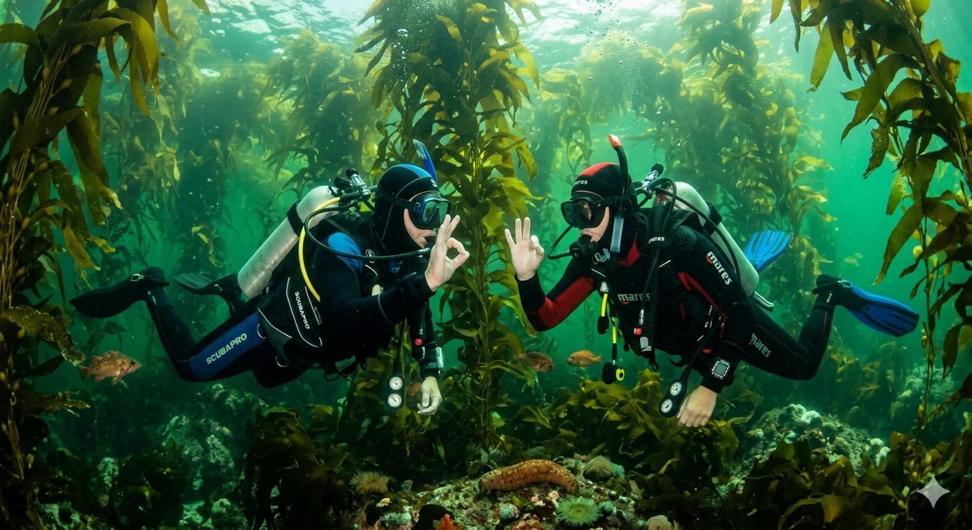 Two scuba divers underwater giving each other an OK hand signal in clear green California water