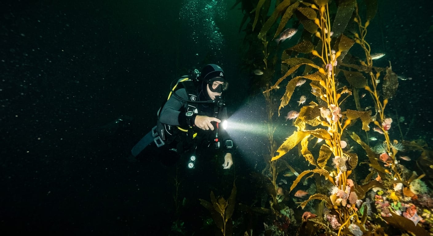 Scuba diver at night with a bright underwater light illuminating reef life off the Southern California coast