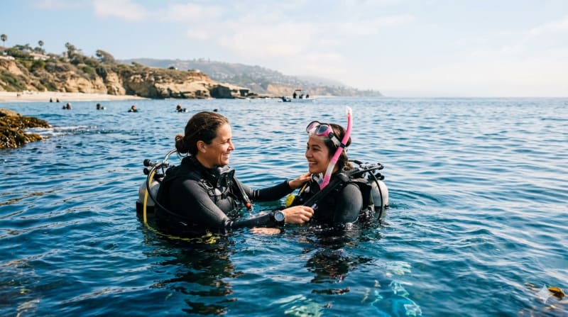 Scuba instructor guiding a beginner diver during open-water training off the Southern California coast