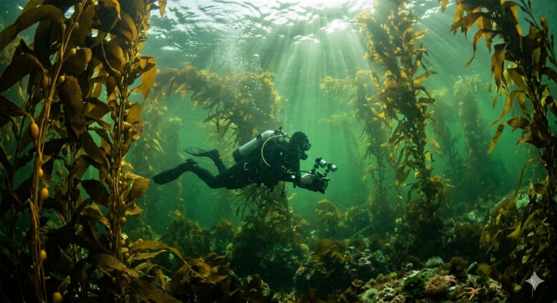 Diver exploring a kelp forest off the Southern California coast with clear green water and sunlight