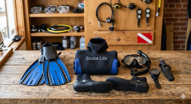 Scuba diving mask fins and wetsuit laid out on a bench before a California ocean training dive