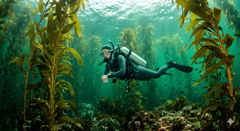 Scuba diver hovering neutrally buoyant in a California kelp forest with arms relaxed and fins below