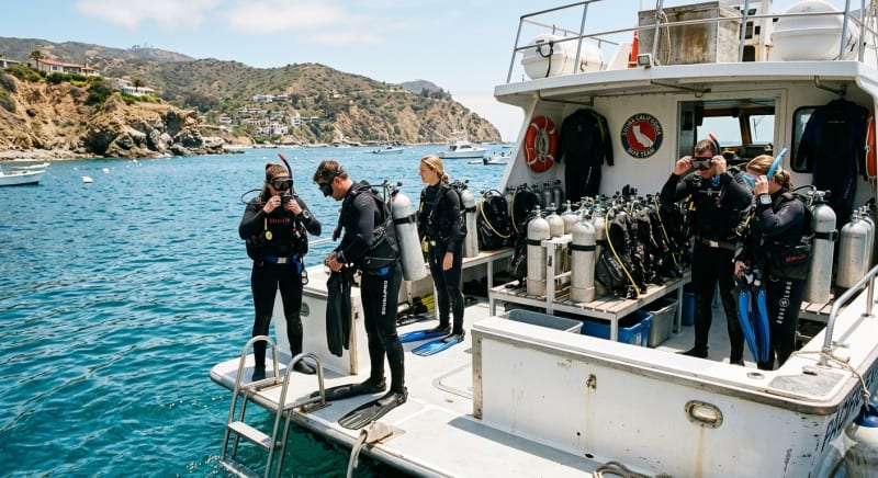 Certified scuba divers on a boat preparing for an advanced training dive off the Southern California coast