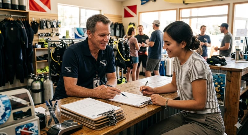 Scuba instructor reviewing paperwork with a student diver at a dive center before training begins