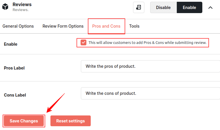 How to Set pros and cons settings option for reviews?