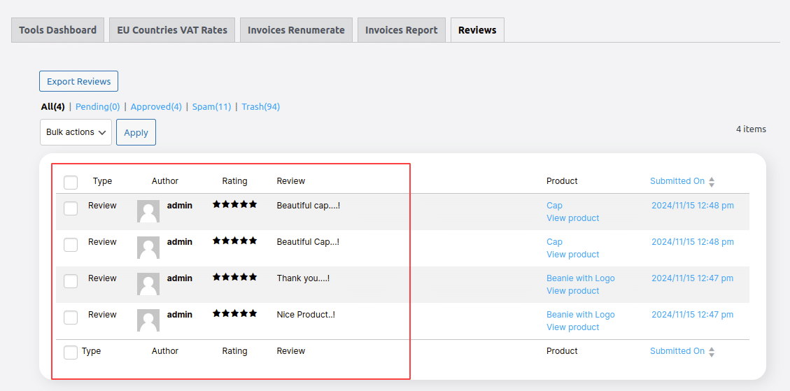 Exports Reviews list