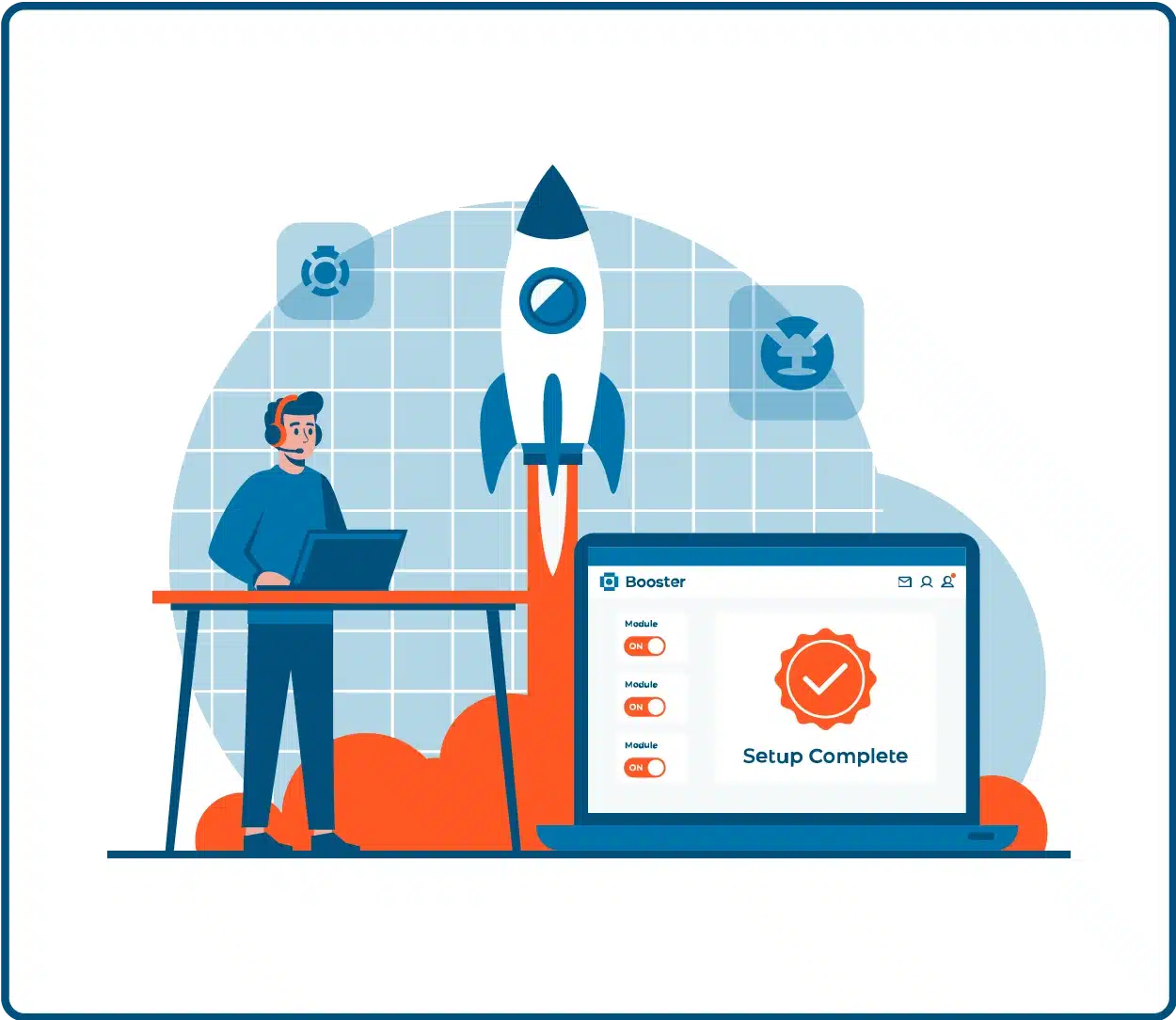 Developer at standing desk using Booster; dashboard has three toggles on and a 'Setup Complete' badge; orange rocket trail.