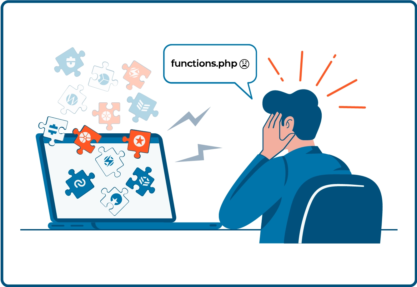 Frustrated developer slumped over laptop as 12 plugin puzzle icons spill out; speech bubble 'functions.php 😫' and warning marks.